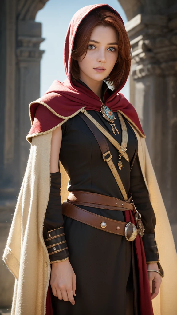 (realistic oil painting, Image up to the waist, 20-year-old princess, Englishman, black eyes, Vibrant appearance, Redhead, short hair), Ezio Auditore Tunic, Hooded, black, brown, red detail, Decorations, Freckles 10% of the zygomatic bones, Perfect Face, Critical Camera, Blurred Background, Warm Light, Garment Details, Strong leftovers, Mystery Pose