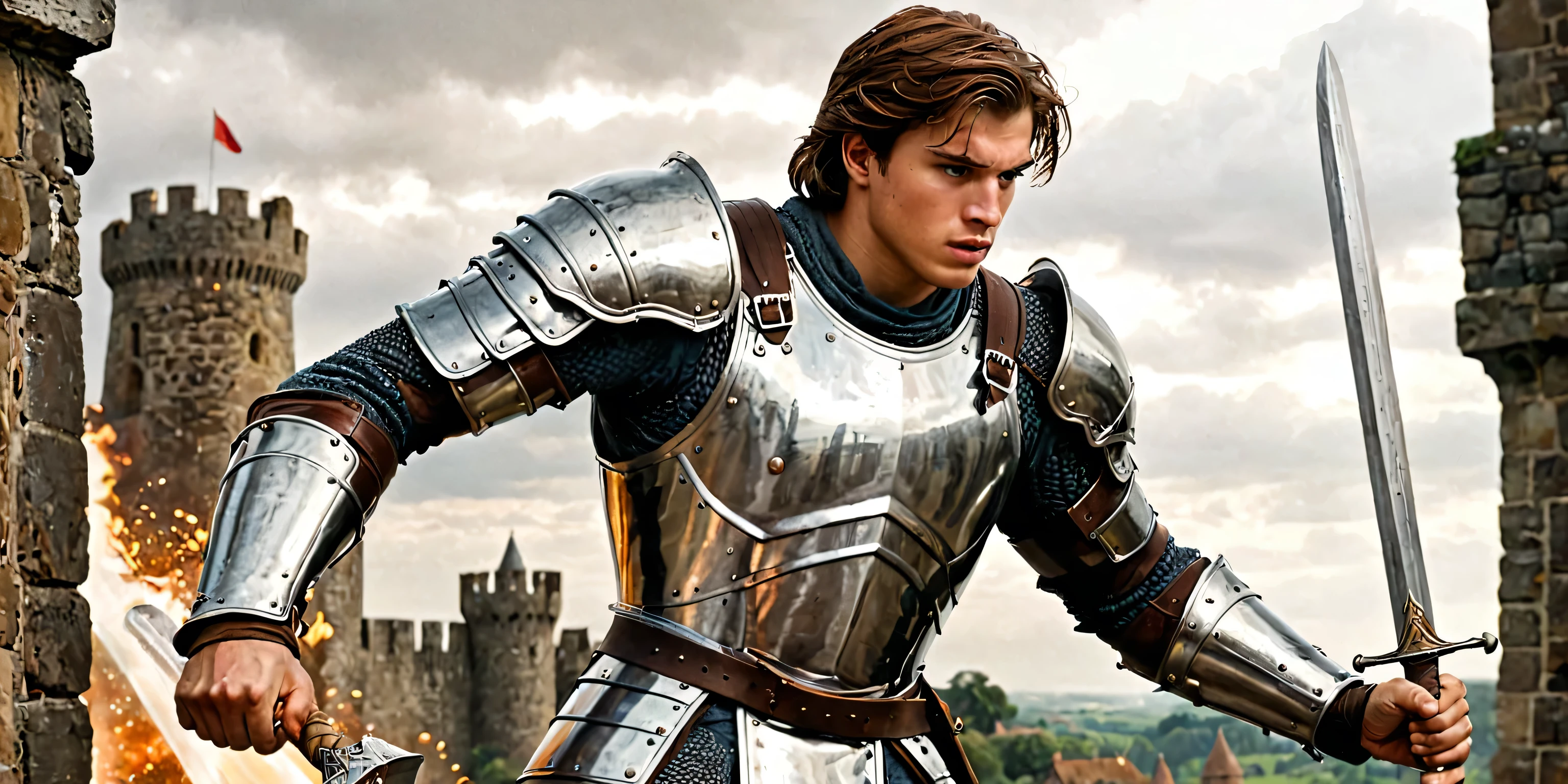((melhor qualidader)), ((trabalho de arte)), (detalhado) It was a fantastic medieval era, a 19-year-old warrior man, white, strong, medium brown hair, with his plate armor broken, fighting against a 200 meter tall colossus, holding the colossus's punch with both hands, with all his strength. strength, in fury