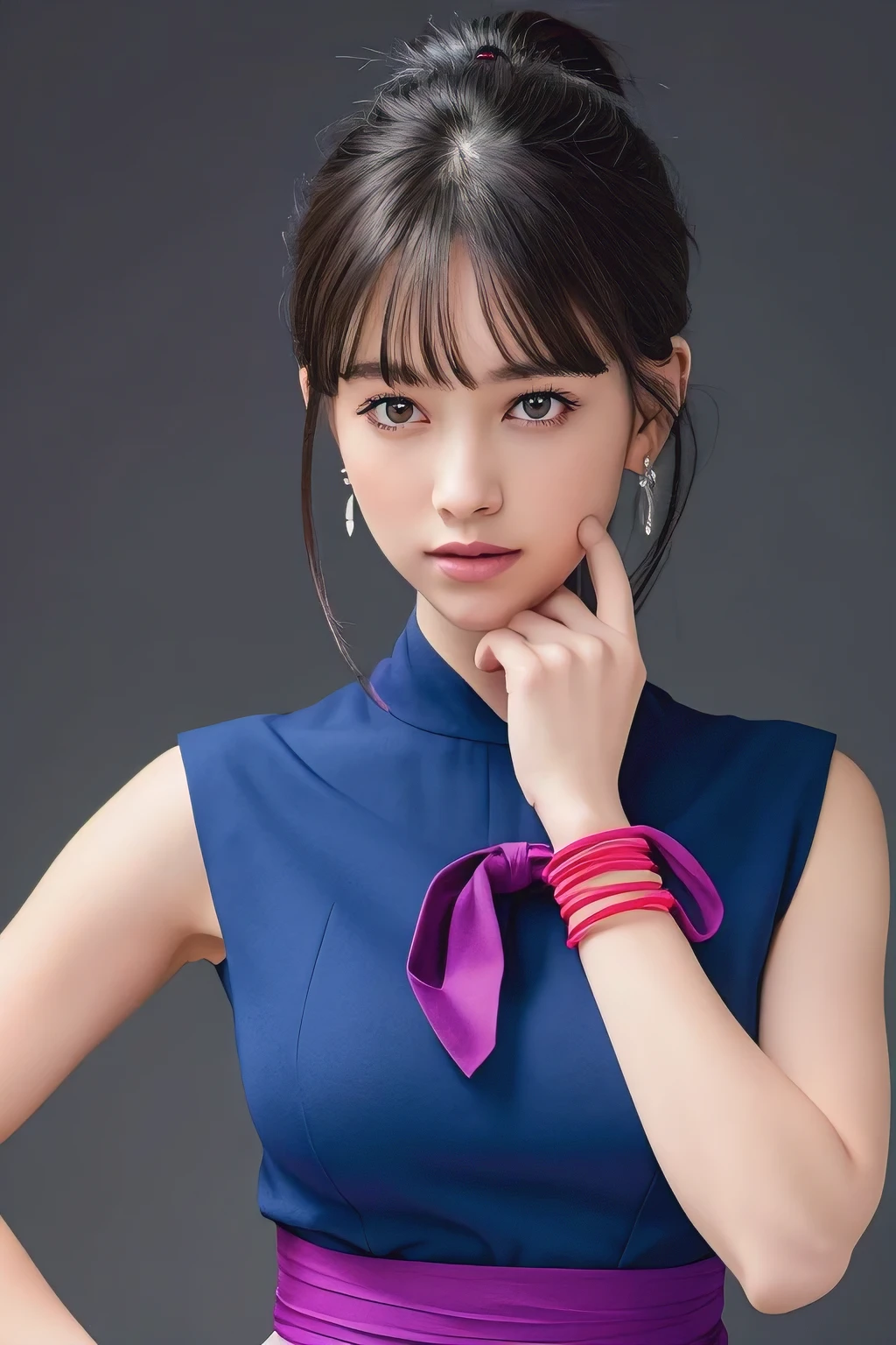 ((top-quality、8K、masterpiece:1.3))、Photorealistic, sharp focus, high-level image quality, high resolution, Portrait, Solo, dragon ball character Chi-Chi, (low ponytail:1.1), black eyes, blue sleeveless dress, wristband, sash, single hair bun, blunt bangs, sidelocks, earrings, orange neckerchief, purple dress, bracelet, night, dark backgrounds, (large breasts:1.1), (chubby:0.1)