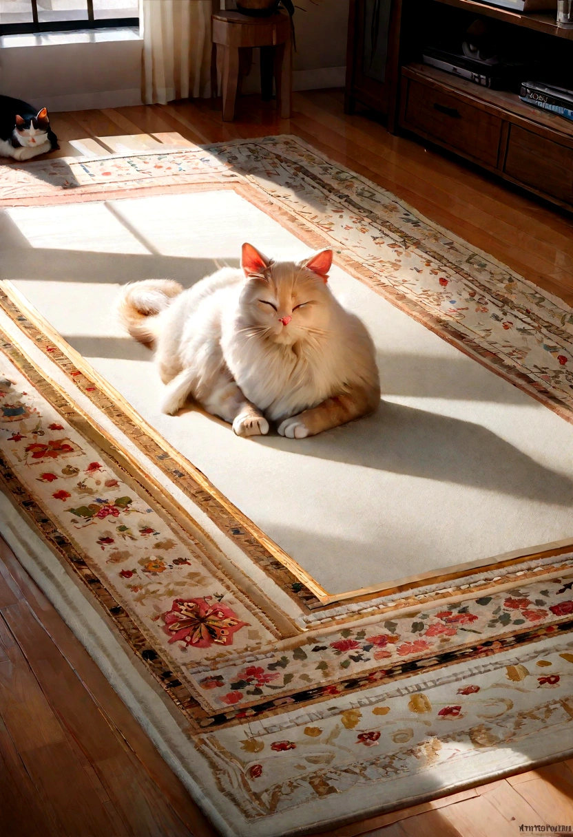 (best qualityer,4K,8K,high resolution,work of art:1.2), ultra detali, (realisitic,photorealisitic,photo-realisitic:1.37), cat white, lie down,weep,tears in the eyes, sleeping on the carpet, cute fur, peaceful expression, warm atmosphere, soft lighting, Warm Color Palette, detailed carpet texture, delicate mustaches, calm and relaxing scene