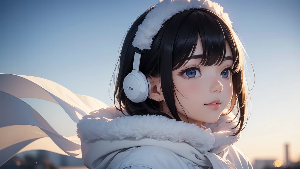 (8K, original photo, 最high quality, masterpiece: 1.2), High-resolution RAW color photos, Professional photo shoot, Cinematic light, , (((young woman, Gal))), (sharp features), (big eyes), (Small face), (Highly detailed skin: 1.2), cute face, beautiful appearance, Long eyelashes, (Black Hair, bob cut,Bangs), (slim:1.5), Very detailed顔と肌の質感, delicate eyes, Natural Makeup, White Coat, Earmuffs, Woman with mouth covered by fluffy white scarf, Hold the silencer with your hand, feeling of cold air, ((Upper body portrait)), Smile, staring eyes, beautiful skin, shiny skin, (((Profile of looking up at the sky:1.2, it'Snowing))), Perfect fingers, Five fingers, anatomically correct, Winter background, Background Scenery, high quality, Surrealism, bright colors, ((Very detailed, photo shoot)),