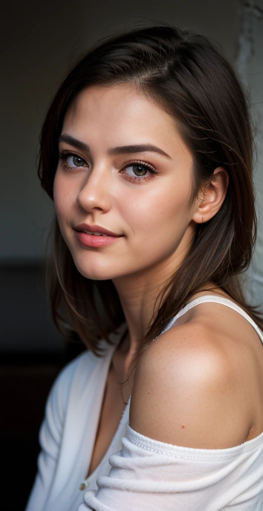 (((Close-up of face)))、(((Absolutely shoulder-length brown straight short bob)))、(((She is posing like a hair salon model, with a black wall indoors as the background.)))、(((Casual black winter long sleeves with shoulders covered)))、Half Japanese, half Korean、28 year old girl、Standing Alone、Looking forward、Light eye makeup、Brown Hair Color、Flat and 、Hair blowing in the wind、Actress Quality、Glossy, ultra-realistic face、Smiling face、Watery eyes、Gazing Up、Subtle lighting effects、 Ultra-Realistic Capture、Very detailed、High resolution 16K close up of human skin。Skin texture must be natural、The details must be such that pores can be clearly seen、The skin is healthy、Uniform tone、Use natural light and colors、A worn-out, high-quality photo taken by a model agency&#39;s in-house photographer.、parted lips、(((SIGMA 300 mm F/1.4,1/1000 sec shutter,ISO 400))) 