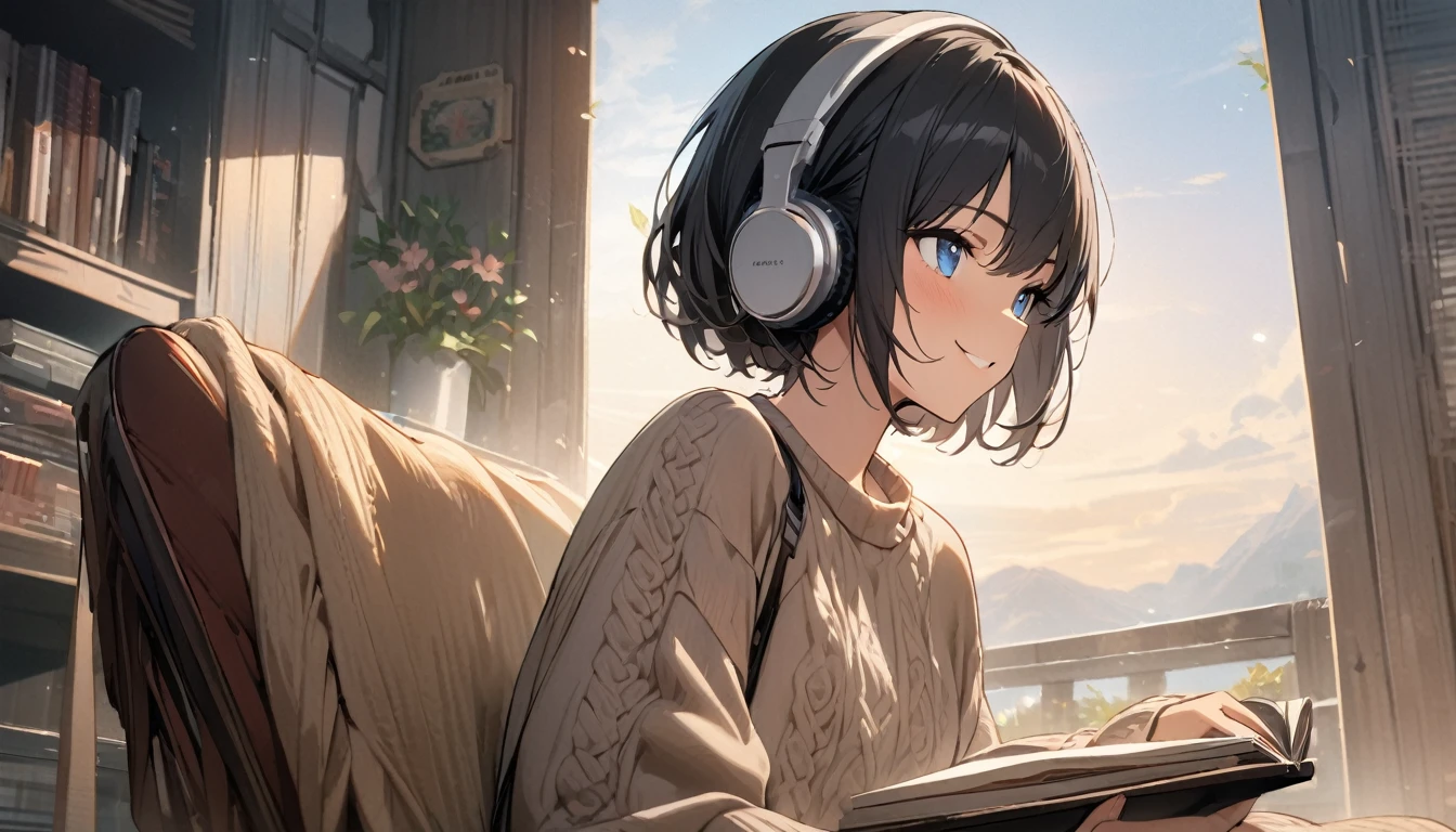 1girl, solo, gentle smile on her face flat chest, blue eyes, (detailed eyes), short hair, black hair, upper body, ((masterpiece, illustration, best quality)) ((best quality)), ((masterpiece)),((masterpiece)),(((bestquality))),((ultra-detailed)) realisticlying, 1 girl, Beautiful, sit on the chair, wearing a sweater, Beautiful sunrice, solo, using headphones, The sky turns red at morning, Face smile, looking away, fowers, read a book, outdoor.