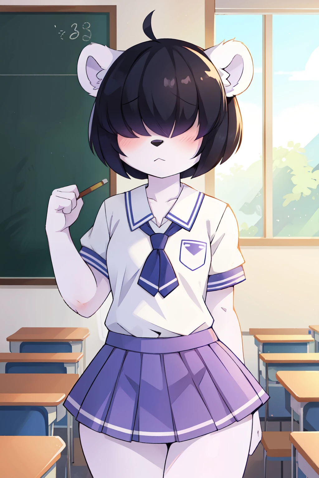score_9,score_8_up,score_7_up, source_cartoon, source_furry, polar bear boy, male, feminine body, (solo), fluffy hair, ((hair over eyes)), black hair, short hair, twintail hair, ((fluffy body)), polar bear tail, black polar bear ears, ((school uniform, school sailor shirt, lilac skirt)), classroom, uperbody,