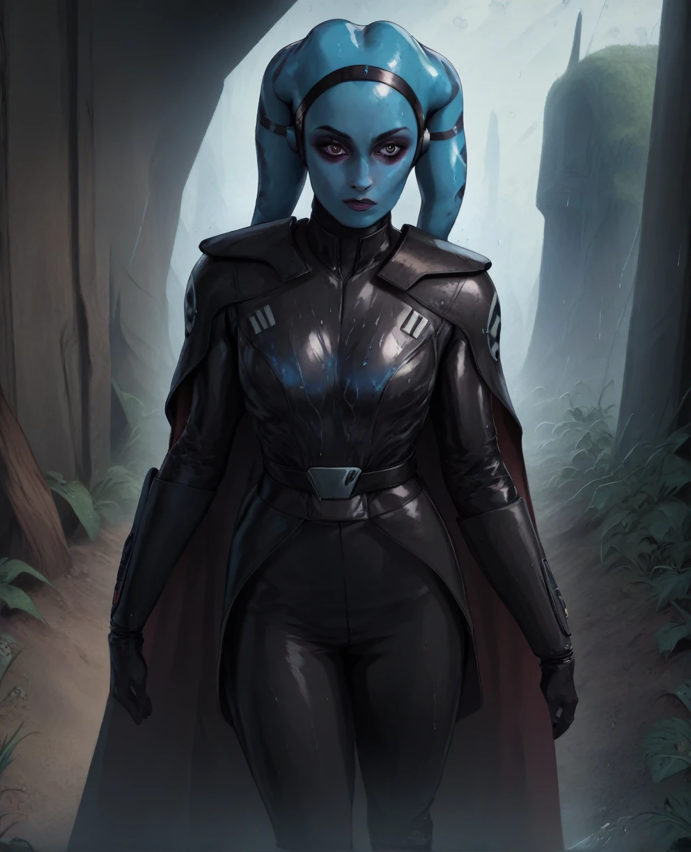 score_9,score_8_up,score_7_up,score_6_up, Female Twi'lek, Aayla Secura ,(((wearing armor))) , FULL body, wet, armor,gloves,black bodysuit,black cape,belt,rain, science fiction,sith base, star wars, outdoors, rain, solo,fflixbag ((wearing armor))