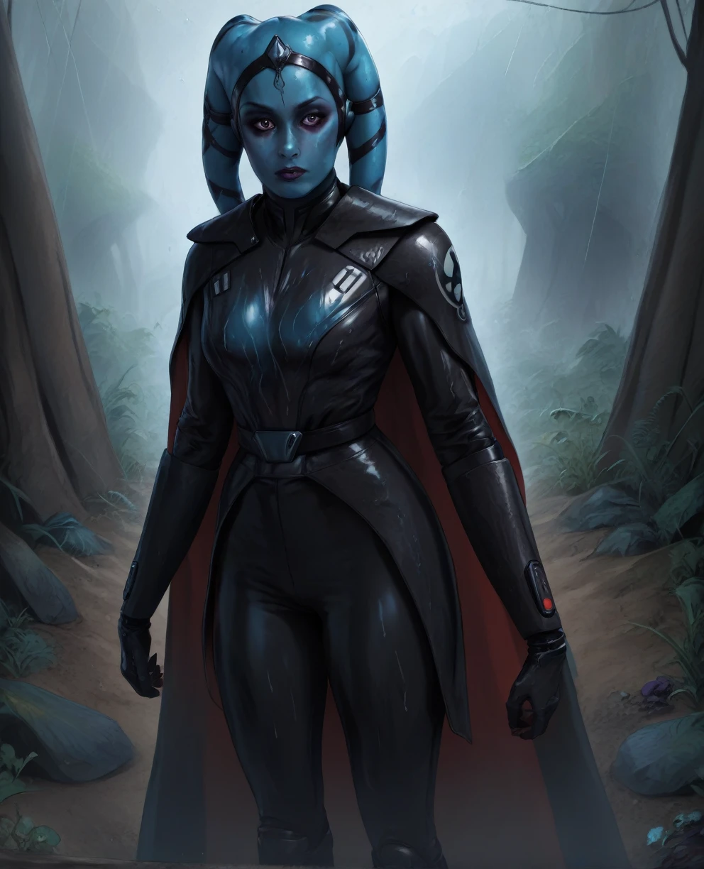 score_9,score_8_up,score_7_up,score_6_up, Female Twi'lek, Aayla Secura ,(((wearing armor))) , FULL body, wet, armor,gloves,black bodysuit,black cape,belt,rain, science fiction,sith base, star wars, outdoors, rain, solo,fflixbag ((wearing armor))