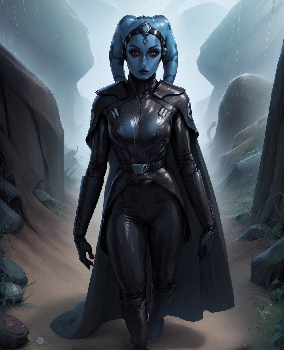 score_9,score_8_up,score_7_up,score_6_up, Female Twi'lek, Aayla Secura ,(((wearing armor))) , FULL body, wet, armor,gloves,black bodysuit,black cape,belt,rain, science fiction,sith base, star wars, outdoors, rain, solo,fflixbag ((wearing armor))
