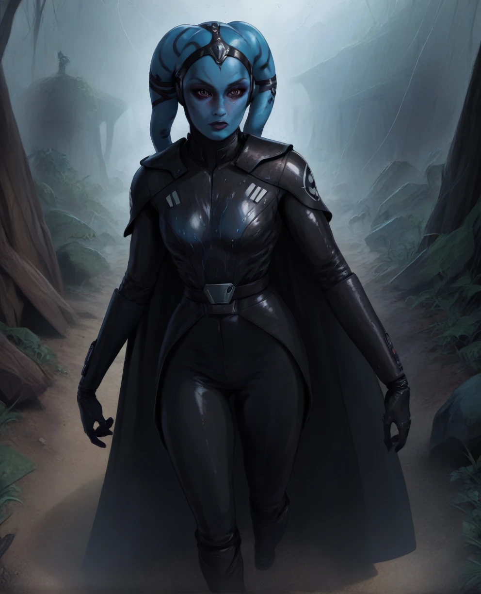 score_9,score_8_up,score_7_up,score_6_up, Female Twi'lek, Aayla Secura ,(((wearing armor))) , FULL body, wet, armor,gloves,black bodysuit,black cape,belt,rain, science fiction,sith base, star wars, outdoors, rain, solo,fflixbag ((wearing armor))