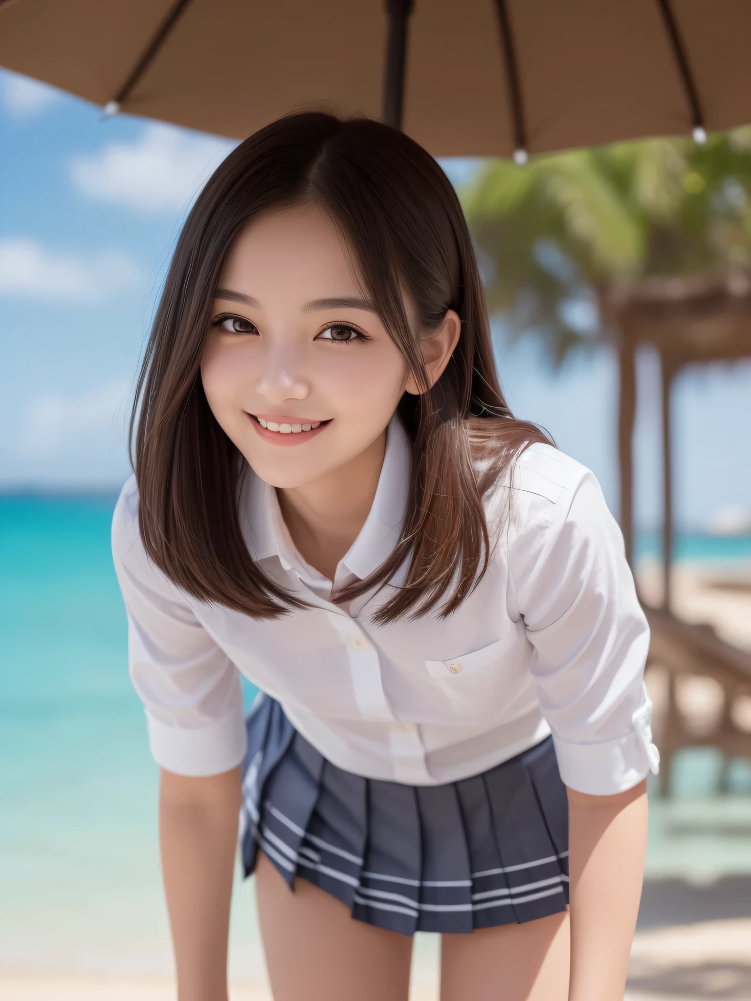 (2girl), kawaii, (round eyes:1.2), (highly detailed face and eyes), (big smile), Amazing face and eyes, (school uniform, pleated mini skirt:1.3), (Best Quality:1.4), (Ultra-detailed), (extremely detailed CG unified 8k wallpaper), Highly detailed, High-definition raw color photos, Professional Photography, Realistic portrait, summer, (beach), (fine face:1.2),
