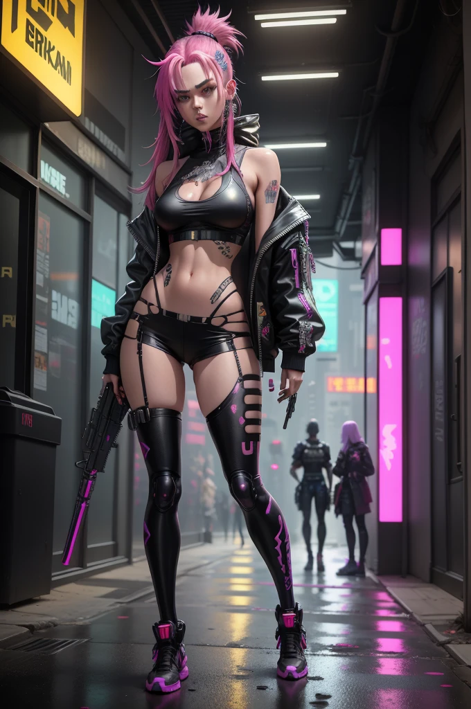 An ultra realistic and extremely detailed full body shot of a very beautiful female in a neon outfit holding a gun, gorgeous long tresses, mesmerizing eyes, extremely detailed and clear facial features, cyberpunk street goonette, digital cyberpunk anime art, cyberpunk gal, cyberpunk vibe, cyberpunk streetwear, cyberpunk anime art, cyberpunk character art, cyberpunk art style, cyberpunk vibrant colors, cyberpunk character, in cyberpunk style, anime cyberpunk art, cyberpunk vibes, style of cyberpunk, wearing cyberpunk streetwear, cyberpunk style."
