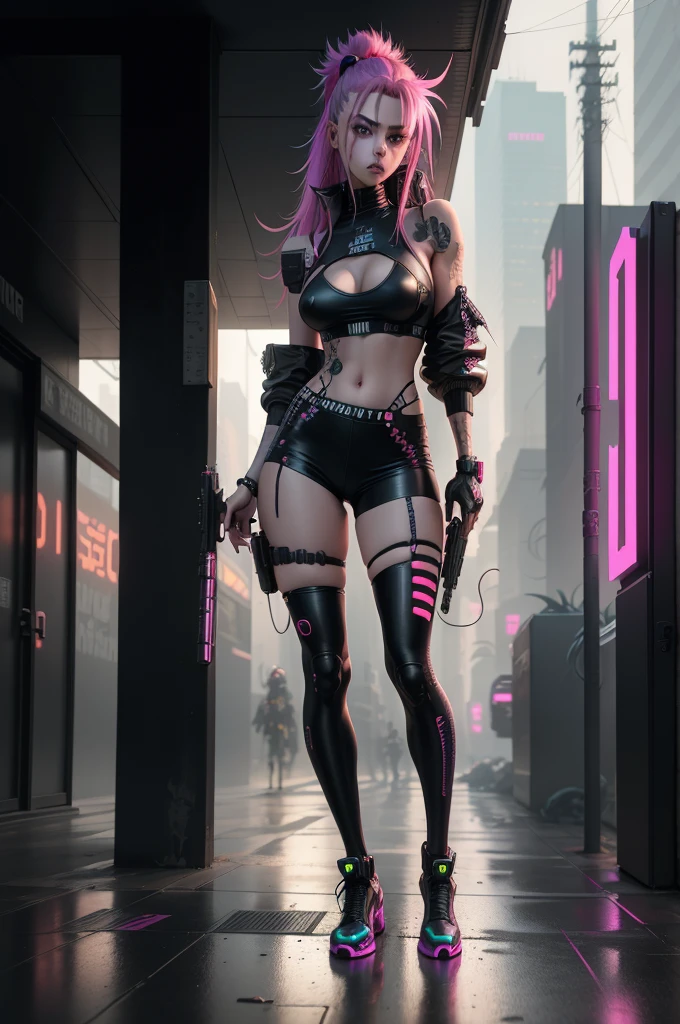 An ultra realistic and extremely detailed full body shot of a very beautiful female in a neon outfit holding a gun, gorgeous long tresses, mesmerizing eyes, extremely detailed and clear facial features, cyberpunk street goonette, digital cyberpunk anime art, cyberpunk gal, cyberpunk vibe, cyberpunk streetwear, cyberpunk anime art, cyberpunk character art, cyberpunk art style, cyberpunk vibrant colors, cyberpunk character, in cyberpunk style, anime cyberpunk art, cyberpunk vibes, style of cyberpunk, wearing cyberpunk streetwear, cyberpunk style."