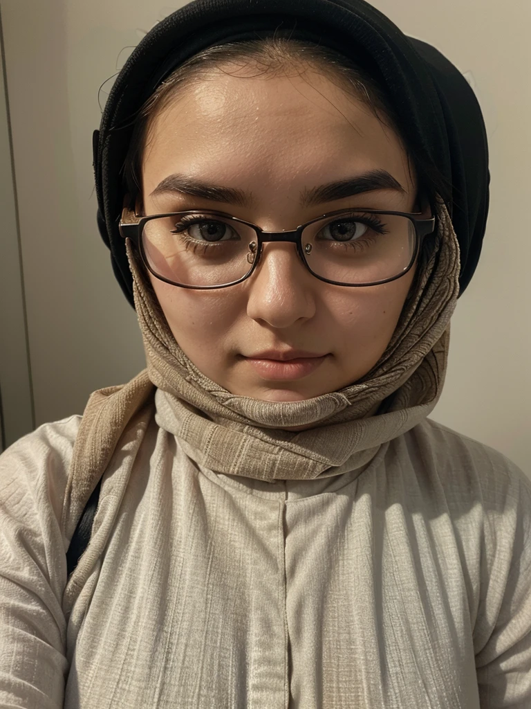 a beautiful 26yo girl wearing a mini hijab, wearing thick glasses, thick eyebrows:0.5, Cheeks are a bit chubby:0.3, selfie, seductive look