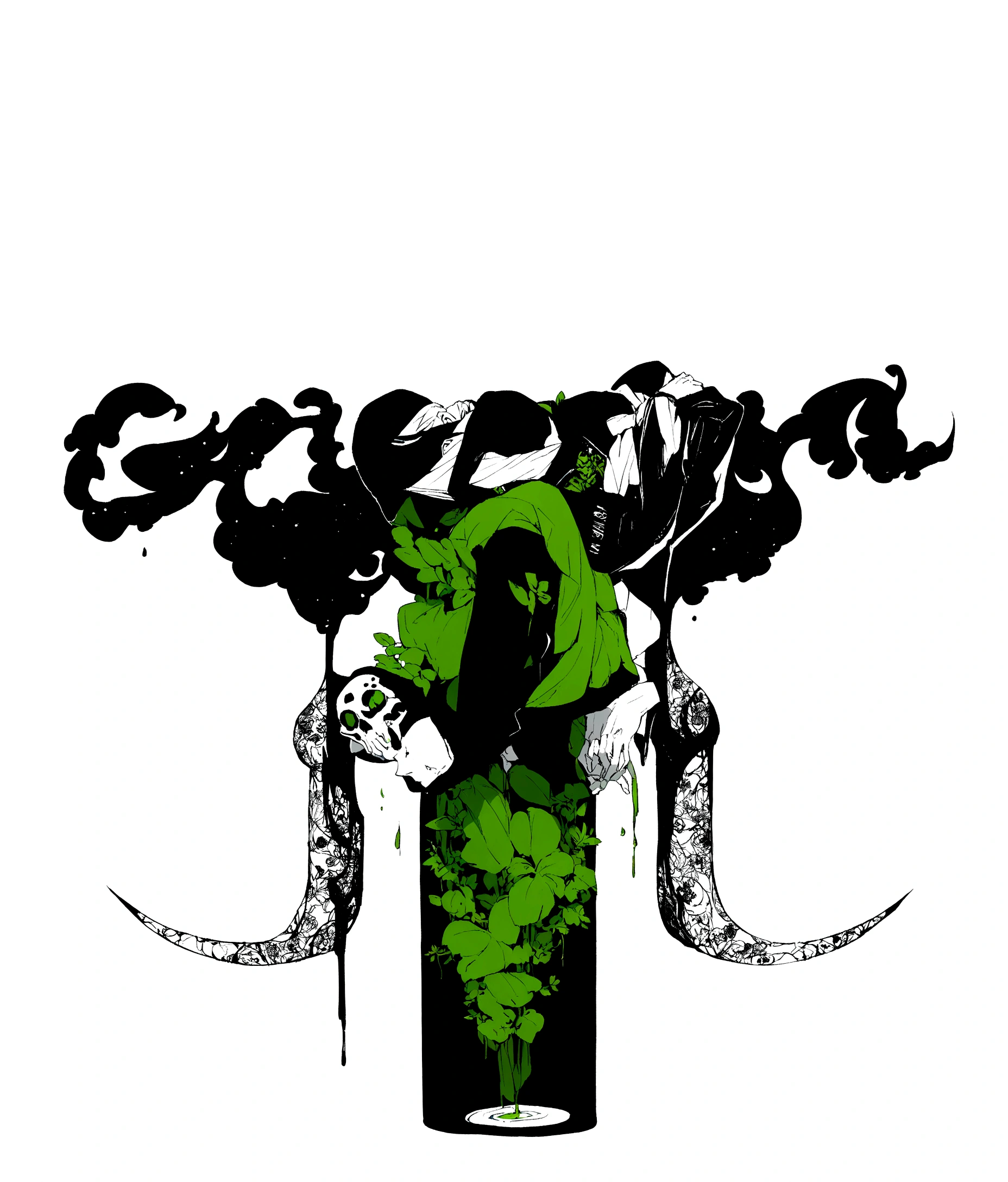A man with a skull mask, wearing black streetwear with the words "GRICERINA" , relax in a beautiful lush forest, in contemplative pose