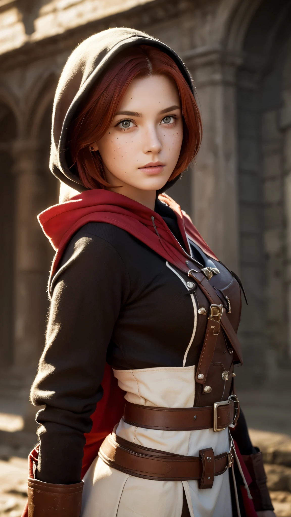 (realistic oil painting, Image up to the waist, 20-year-old princess, Englishman, black eyes, Vibrant appearance, Redhead, short hair), Ezio Auditore Tunic, Hooded, black, brown, red detail, Decorations, Freckles 10% of the zygomatic bones, Perfect Face, Critical Camera, Blurred Background, Warm Light, Garment Details, Strong leftovers, Mystery Pose