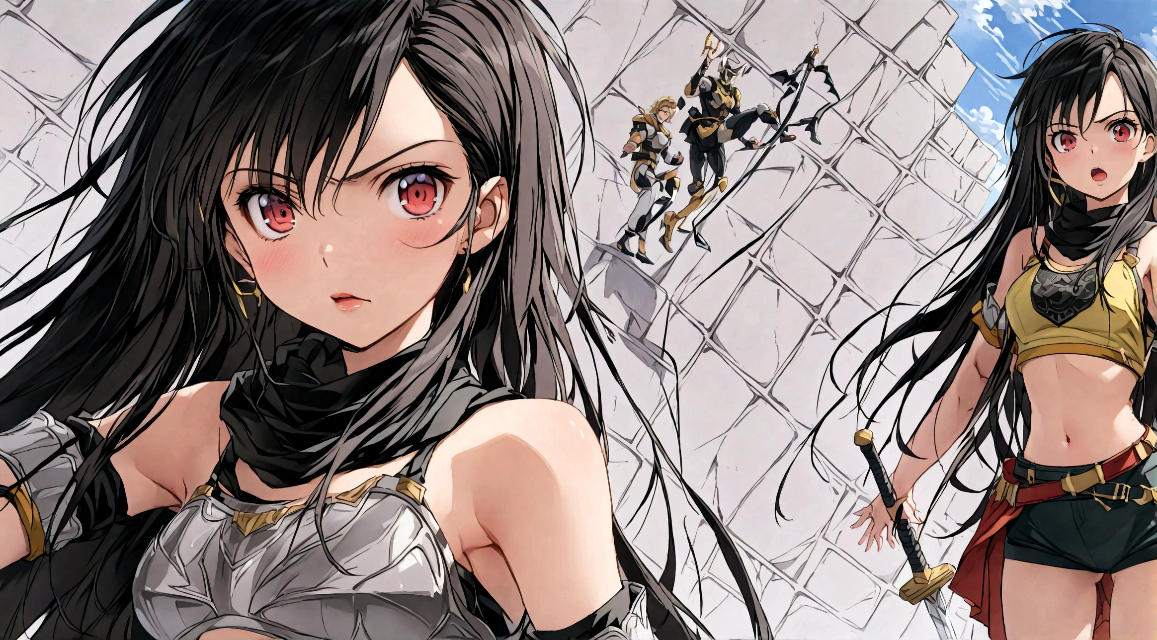 (masterpiece, best quality, top quality, 4k, 8k, high resolution, highres), (insanely detailed, ultra-detailed, super detailed, highly detailed) ,(HDR, UHD), (studio lighting), ultra-fine drawing, sharp focus, physically based rendering, professional, vibrant colors,
anime, cartoon, kawaii, qute,
Place your left hand on the hilt of the sword stuck in the ground, then thrust your right hand forward,
a girl, looking at viewer, (((Thighs))),
Anger, hatred, outrage, (Shout, roar, yell),
Standing upright, (((Jojo pose))),
Slanted eyes, narrow eyes, red eyes, long hair, black hair, messy hair,
Brown Skin,
Berserker, Chest Armor, Breastplate, Bikini, Red Poncho,