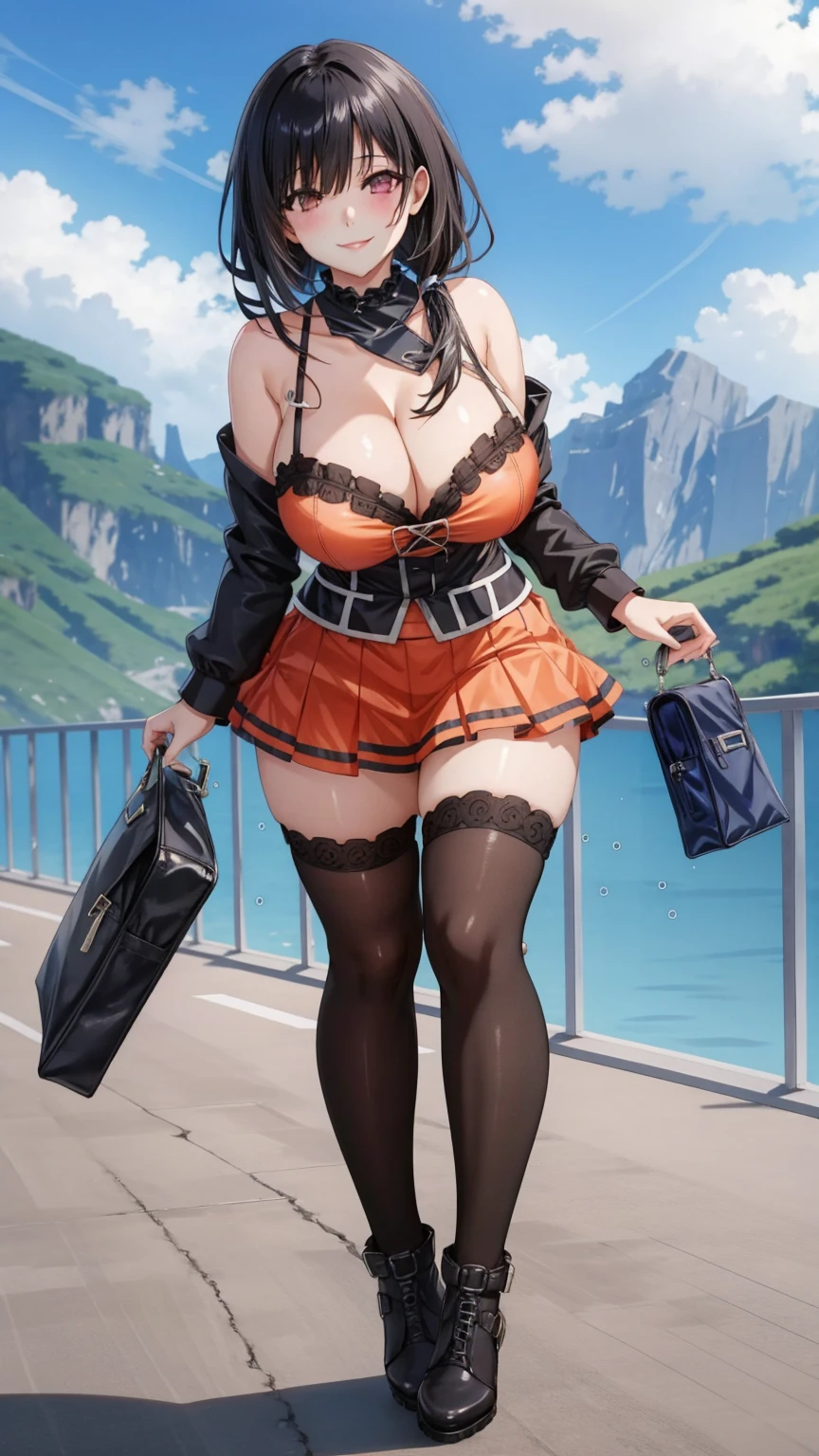 1 girl, very big breasts, very sexy body, 1 girl in, a smile, looks at the viewer, black shirt, super short white school miniskirt, full body, giant breasts, cleavage, giant breasts, heels, background in the mountains 1 girl , with big breasts. long legs QUEEN huge tits, (cleavage), high legs, (standing), sexy and muscular body. short skirt.4k hd