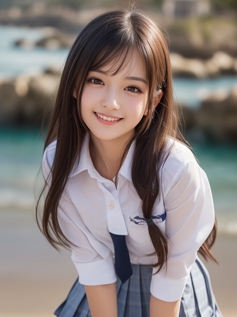 (1girl), kawaii, (round eyes:1.2), (highly detailed face and eyes), (big smile),  Amazing face and eyes, (school uniform, pleated mini skirt:1.3), (Best Quality:1.4), (Ultra-detailed), (extremely detailed CG unified 8k wallpaper), Highly detailed, High-definition raw color photos, Professional Photography, Realistic portrait, summer, (beach), (fine face:1.2),