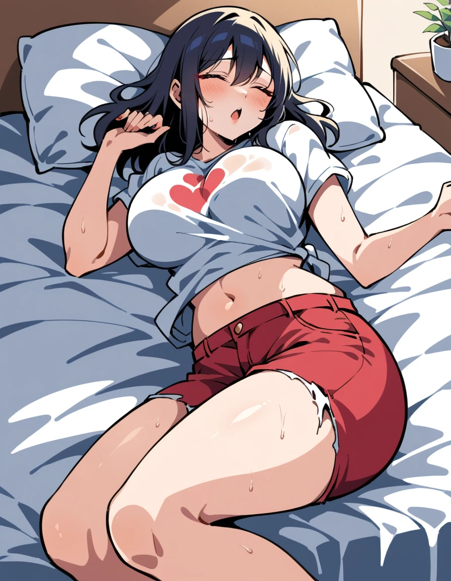  Sexy Hinata Naruto lying on the bed in black and red short jeans full of love and happiness and wet torn clothes 