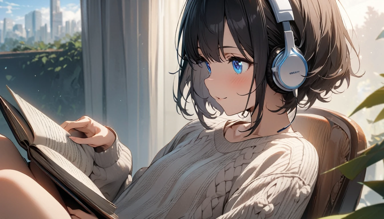 1girl, solo, gentle smile on her face flat chest, blue eyes, (detailed eyes), short hair, black hair, upper body, ((masterpiece, illustration, best quality)) ((best quality)), ((masterpiece)),((masterpiece)),(((bestquality))),((ultra-detailed)) realisticlying, 1 girl, Beautiful, sit on the chair, wearing a sweater, Beautiful sunrice, solo, using headphones, The sky turns red at morning, looking away, fowers, read a book, outdoor.