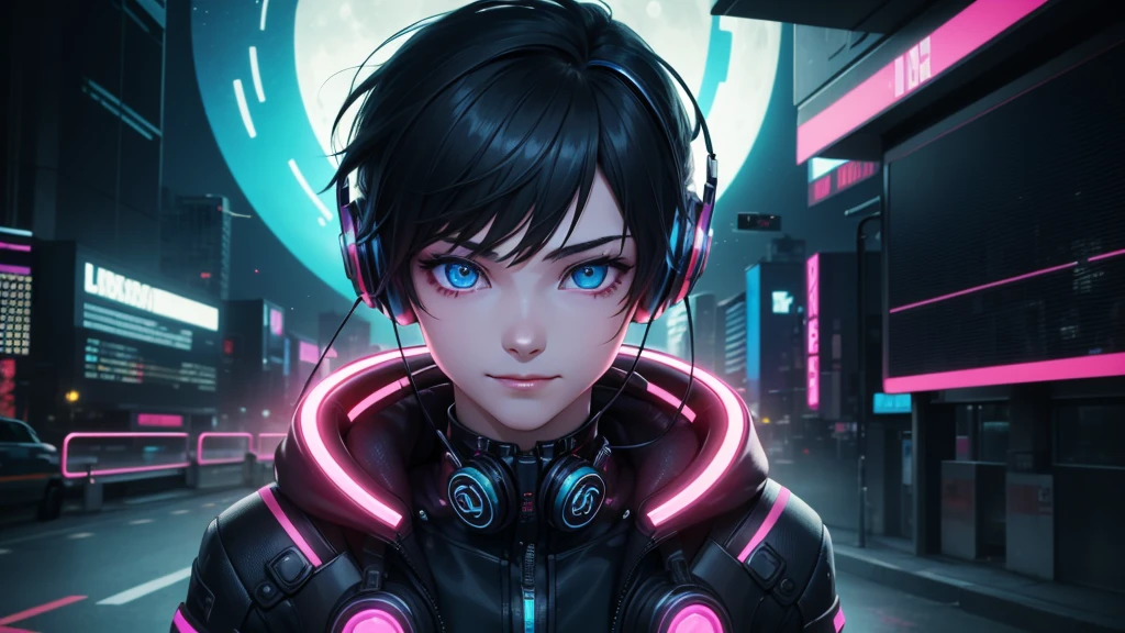1boy, (extremely beautiful), solo, male focus, cyberpunk, neon lights, vibrant colors, headphones, Cyberpunk, neon, masterpiece, best quality, ultra-detailed, cyberpunk background, detail, in the starry night, moon, explosive and clear eyes, glowing eyes, beautiful details in the wind, little smile.