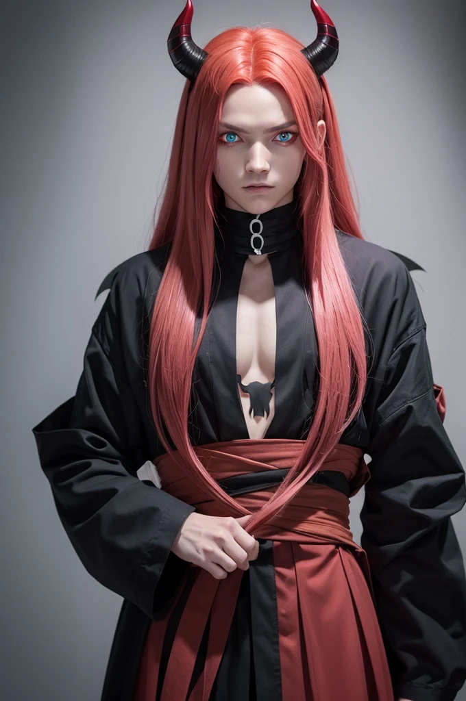I want you to create a character that has a demon slayer outline. The character has long red hair with pink highlights, his skin is light and he has one blue eye and one red eye.