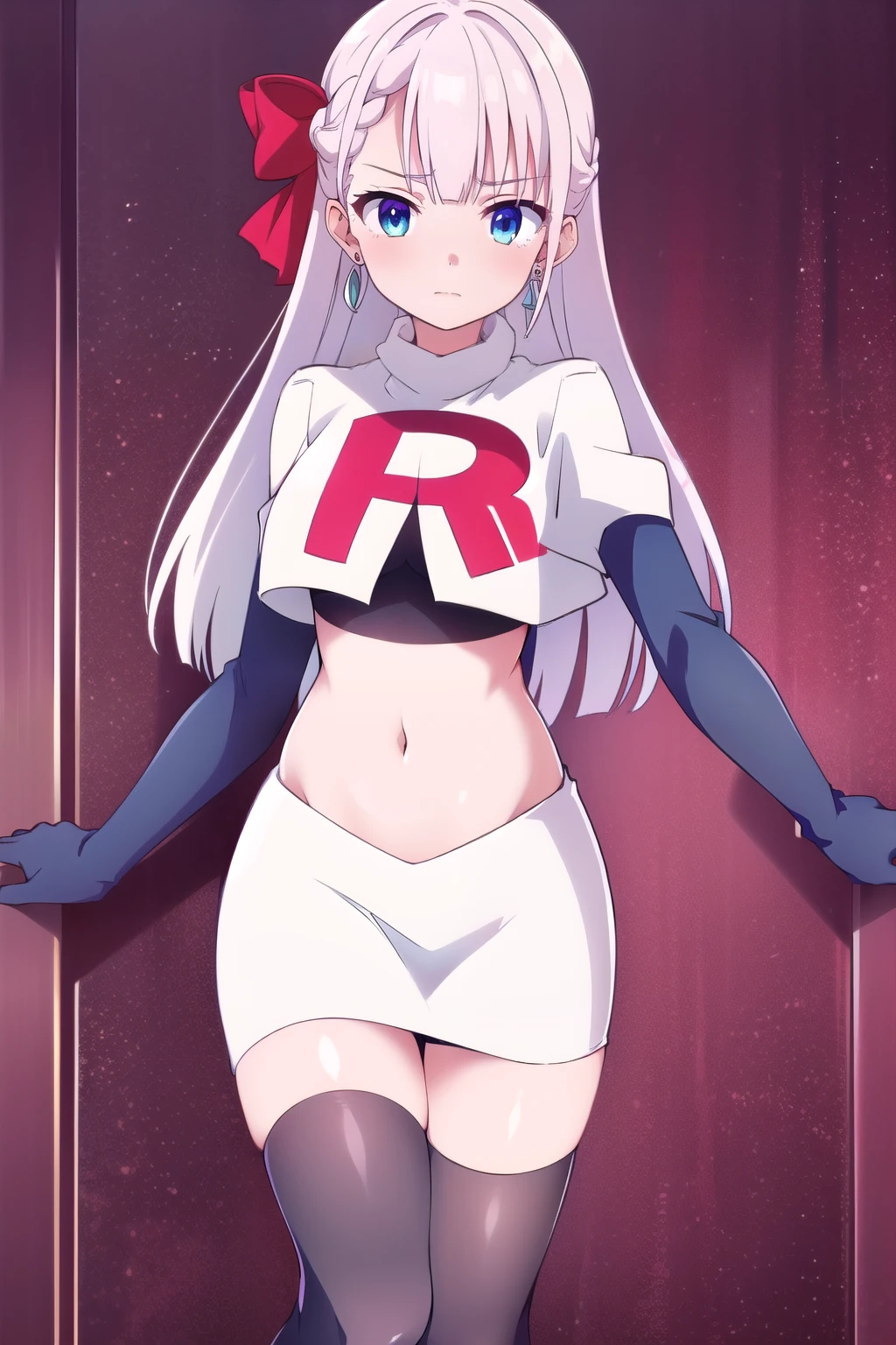 riselia,1girl,solo,braid,earrings,looking at viewer,blue eyes,bangs,ribbon,red ribbon,braided bangs,blush,team rocket,team rocket uniform,white skirt,red letter R,crop top,black thigh-highs,black elbow gloves