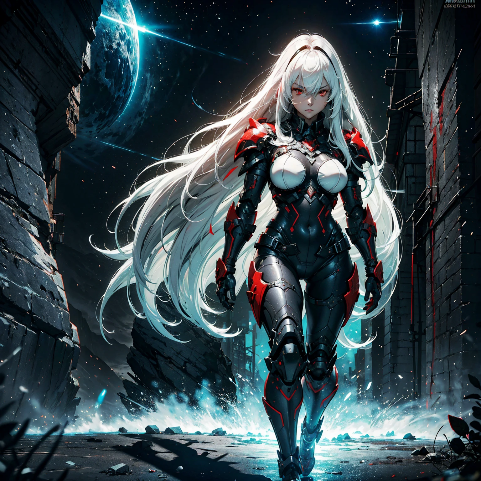 1girl!!! (solo), long hair with bangs, light white hair, big breasts, small size, red eyes, very fair skin, serious face, black tight combat armor, full body, night, dark cave, very sexy body, detailed face, highly detailed, 8k, best quality, masterpiece, vibrant colors, digital art, concept art