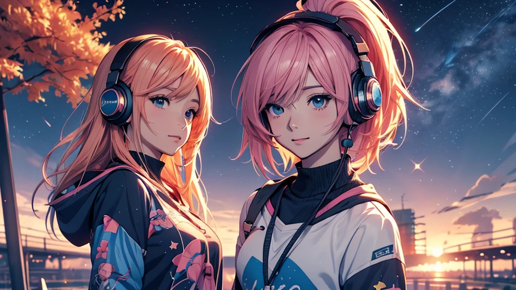 Woman wearing headphones, Anime Style 4 k, anime wallpaper 4k, anime wallpaper 4k, 4k anime wallpaper, anime art wallpaper 4k, anime art wallpaper 4k, Anime Style. 8K, Anime atmosphere, , Ultra HD Anime Wallpaper, Anime Art Wallpaper 8K, Anime Background,landscape、summer、Starry Sky、milky way