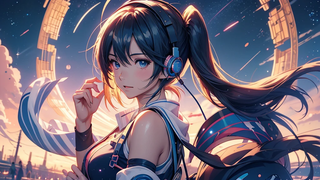 Woman wearing headphones, Anime Style 4 k, anime wallpaper 4k, anime wallpaper 4k, 4k anime wallpaper, anime art wallpaper 4k, anime art wallpaper 4k, Anime Style. 8K, Anime atmosphere, , Ultra HD Anime Wallpaper, Anime Art Wallpaper 8K, Anime Background,landscape、summer、Starry Sky、milky way