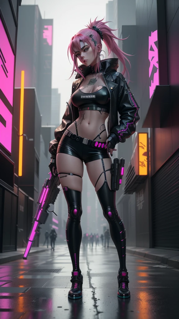 An ultra realistic and extremely detailed full body shot of a very beautiful female in a neon outfit holding a gun, gorgeous long tresses, mesmerizing eyes, extremely detailed and clear facial features, cyberpunk street goonette, digital cyberpunk anime art, cyberpunk gal, cyberpunk vibe, cyberpunk streetwear, cyberpunk anime art, cyberpunk character art, cyberpunk art style, cyberpunk vibrant colors, cyberpunk character, in cyberpunk style, anime cyberpunk art, cyberpunk vibes, style of cyberpunk, wearing cyberpunk streetwear, cyberpunk style."