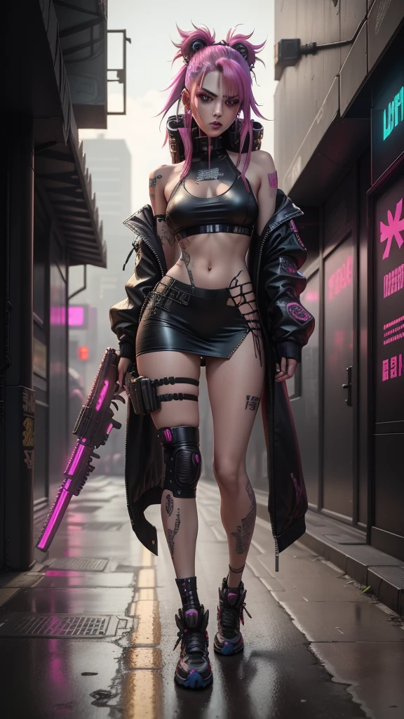 hannswd2024, full body, best quality, dramatic lighting, 1girl, ponytail, bikini, cyberpunk,