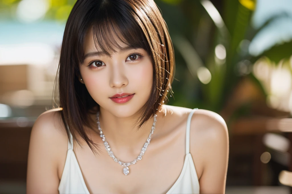 (Highest quality、On the table、8K、Best image quality、Award-winning works)、(Young girl, 14 years old:1.3)、(White camisole:1.2)、(Red eyeshadow:1.2)、Perfect Makeup、Long eyelashes、Ultra HD Shining Eyes、Ultra HD Hair、Ultra-high resolution glossy lips、Ultra High Resolution Perfect Teeth、Ultra HD cute face、Brown Hair、(Very short straight hair:1.1)、Look at me and smile、[clavicle]、Accurate anatomy、Tropical Beach、(The most atmospheric warm light:1.2)、Blurred Background、Has bangs、Ultra-high-definition, shiny, moisturized face、Ultra-high resolution glowing skin、The most delicate face、Super high resolution detailed faces、ultra high resolution hair、Ultra high resolution glowing eyes、Beautiful face with delicate expression、Ultra high resolution glossy red lips、Big Breasts、Cleavage、Fashion Necklace、