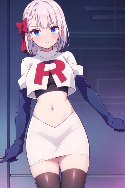riselia,1girl,solo,braid,earrings,looking at viewer,blue eyes,bangs,ribbon,red ribbon,braided bangs,blush,team rocket,team rocket uniform,white skirt,red letter R,crop top,black thigh-highs,black elbow gloves