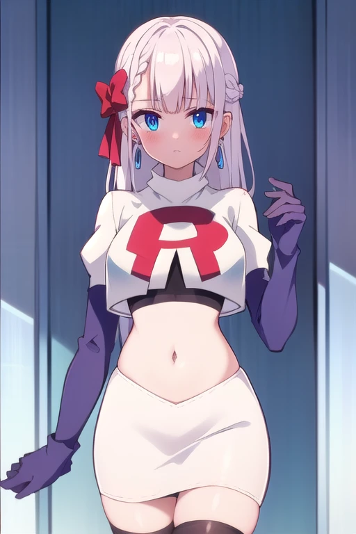 riselia,1girl,solo,braid,earrings,looking at viewer,blue eyes,bangs,ribbon,red ribbon,braided bangs,blush,team rocket,team rocket uniform,white skirt,red letter R,crop top,black thigh-highs,black elbow gloves