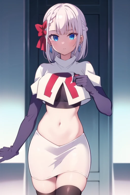 riselia,1girl,solo,braid,earrings,looking at viewer,blue eyes,bangs,ribbon,red ribbon,braided bangs,blush,team rocket,team rocket uniform,white skirt,red letter R,crop top,black thigh-highs,black elbow gloves
