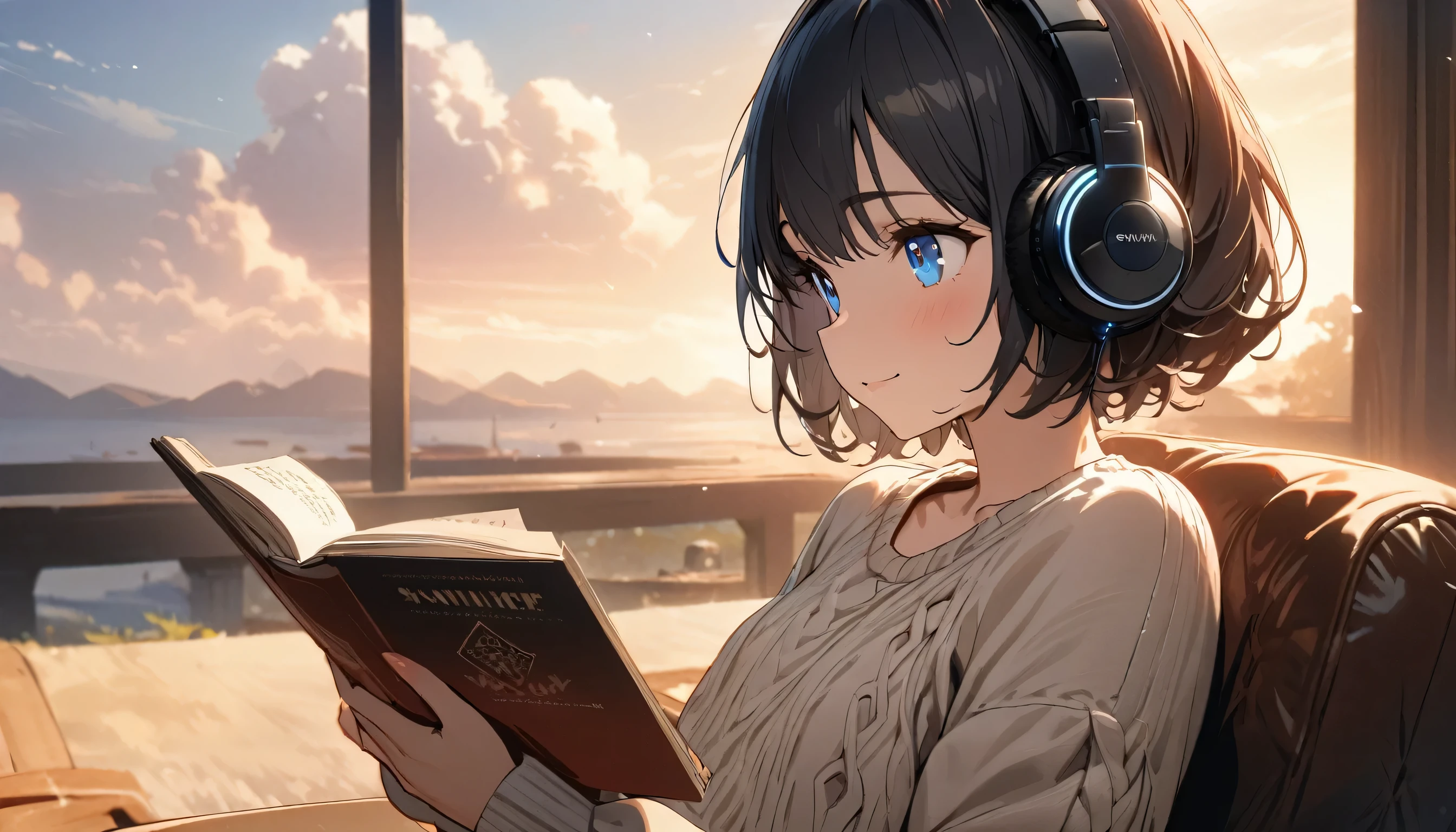 1girl, solo, gentle smile on her face flat chest, blue eyes, (detailed eyes), short hair, black hair, upper body, ((masterpiece, illustration, best quality)) ((best quality)), ((masterpiece)),((masterpiece)),(((bestquality))),((ultra-detailed)) realisticlying, 1 girl, Beautiful, sit on the chair, wearing a sweater, Beautiful sunrice, solo, using headphones, The sky turns red at morning, looking away, fowers, read a book, outdoor.