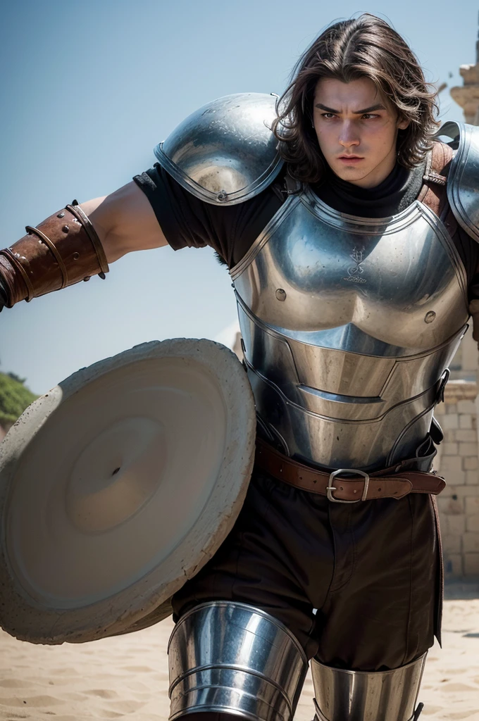 ((melhor qualidader)), ((trabalho de arte)), (detalhado) It was a fantastic medieval era, a 19-year-old warrior man, white, strong, medium brown hair, with his plate armor broken, fighting against a 200 meter tall colossus, holding the colossus's punch with both hands, with all his strength. strength, in fury