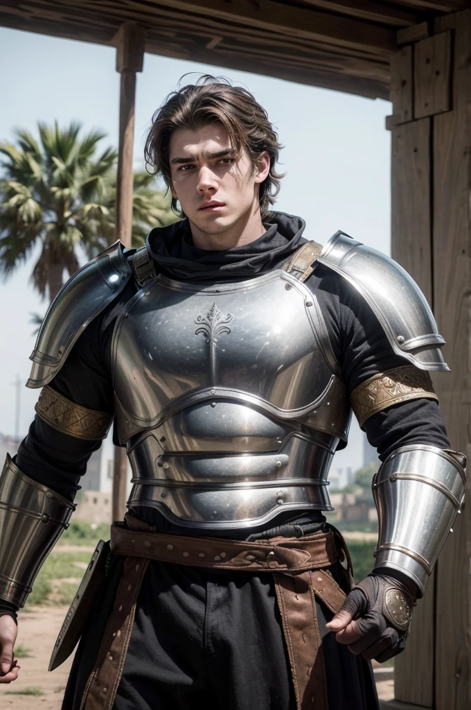 ((melhor qualidader)), ((trabalho de arte)), (detalhado) It was a fantastic medieval era, a 19-year-old warrior man, white, strong, medium brown hair, with his plate armor broken, fighting against a 200 meter tall colossus, holding the colossus's punch with both hands, with all his strength. strength, in fury