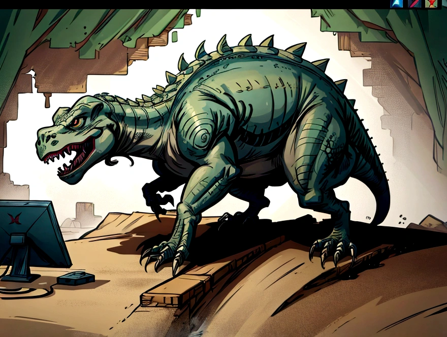 a dinosaur play video game with a pc 