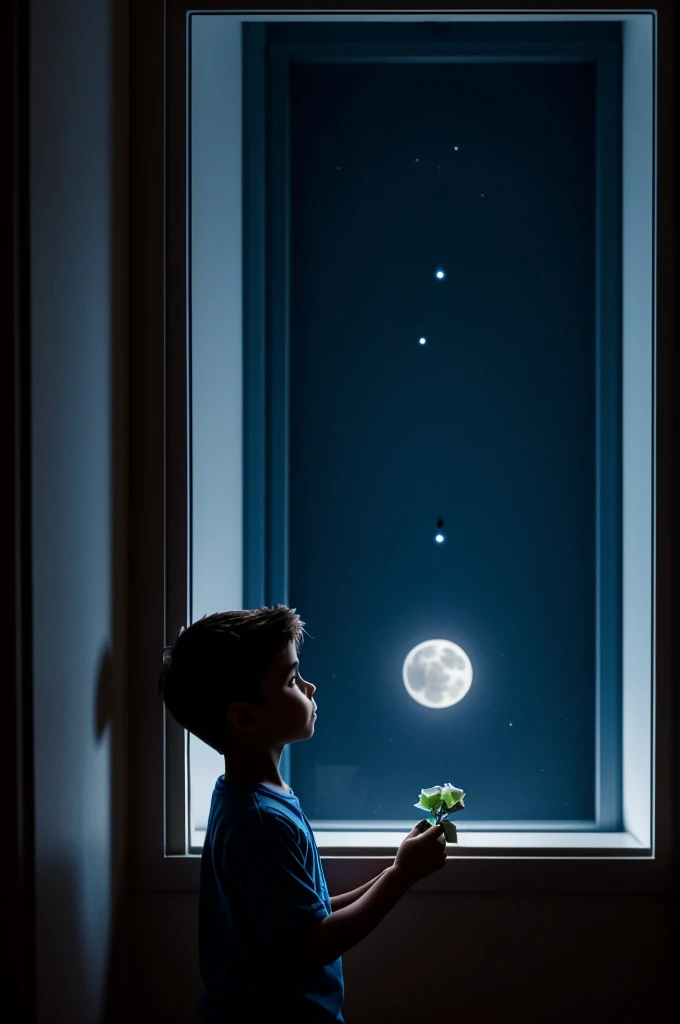 Generates an image of a boy in a dark room with poor lighting. The boy must be looking down or seeing a blue rose that he is holding in his hand. The room must have a window that reflects moonlight. The boy's expression must show coldness, desolation and sadness. There should be scattered crimson petals in the room to add depth to the environment.. The boy must have anime style hair, neither too long nor too short.