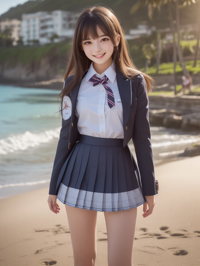 (1girl), kawaii, (round eyes:1.2), (highly detailed face and eyes), (big smile), Amazing face and eyes, (school uniform, pleated mini skirt:1.3), (Best Quality:1.4), (Ultra-detailed), (extremely detailed CG unified 8k wallpaper), Highly detailed, High-definition raw color photos, Professional Photography, Realistic portrait, summer, (beach), (fine face:1.2),