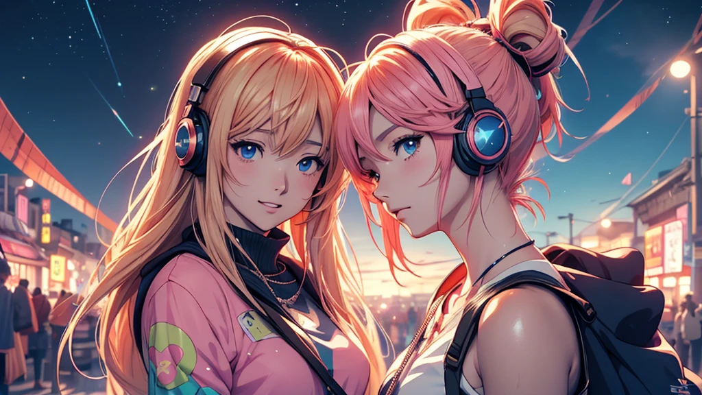 Woman wearing headphones, Anime Style 4 k, anime wallpaper 4k, anime wallpaper 4k, 4k anime wallpaper, anime art wallpaper 4k, anime art wallpaper 4k, Anime Style. 8K, Anime atmosphere, , Ultra HD Anime Wallpaper, Anime Art Wallpaper 8K, Anime Background,landscape、summer、Starry Sky