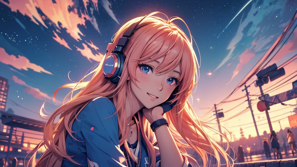 Woman wearing headphones, Anime Style 4 k, anime wallpaper 4k, anime wallpaper 4k, 4k anime wallpaper, anime art wallpaper 4k, anime art wallpaper 4k, Anime Style. 8K, Anime atmosphere, , Ultra HD Anime Wallpaper, Anime Art Wallpaper 8K, Anime Background,landscape、summer、Starry Sky