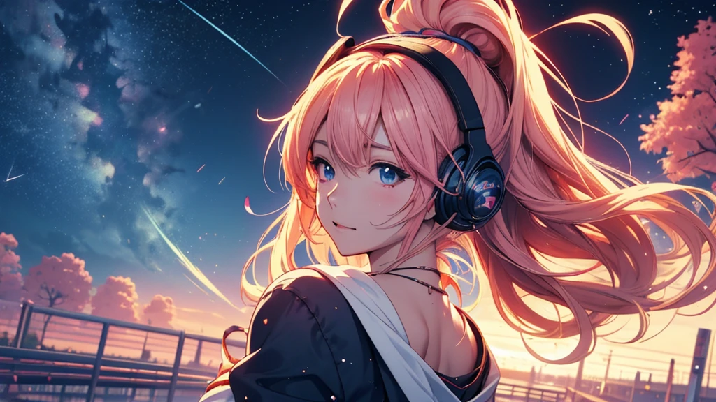 Woman wearing headphones, Anime Style 4 k, anime wallpaper 4k, anime wallpaper 4k, 4k anime wallpaper, anime art wallpaper 4k, anime art wallpaper 4k, Anime Style. 8K, Anime atmosphere, , Ultra HD Anime Wallpaper, Anime Art Wallpaper 8K, Anime Background,landscape、summer、Starry Sky