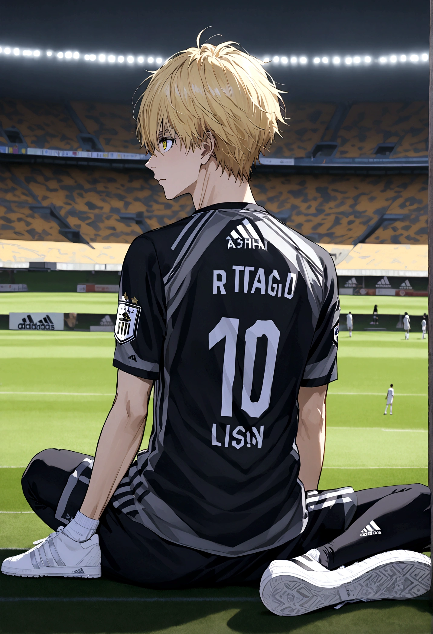 Anime boy with long yellow hair, Your eyes are lion&#39;s eyes, Wearing the Iraq national team shirt from Adidas, Sitting on a football in the center of Camp Nou.