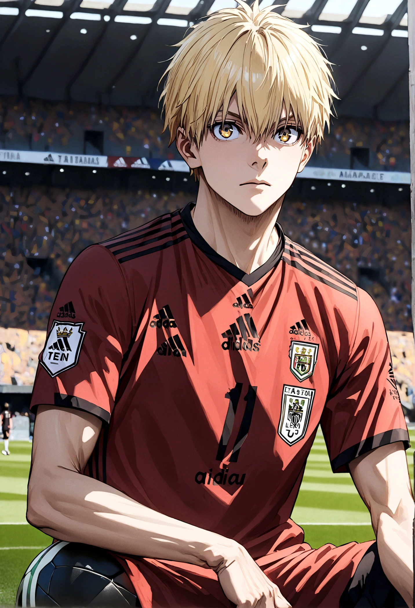 Anime boy with long yellow hair, Your eyes are lion&#39;s eyes, Wearing the Iraq national team shirt from Adidas, Sitting on a football in the center of Camp Nou.