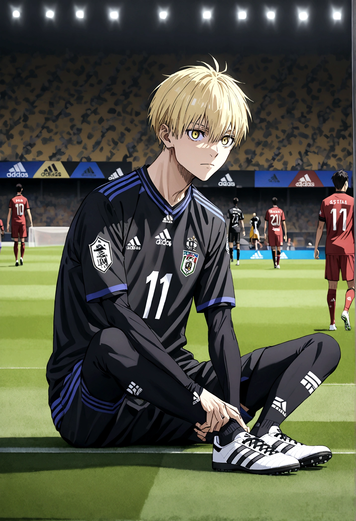 Anime boy with long yellow hair, Your eyes are lion's eyes, Wearing the Iraq national team shirt from Adidas, Sitting on a football in the center of Camp Nou.