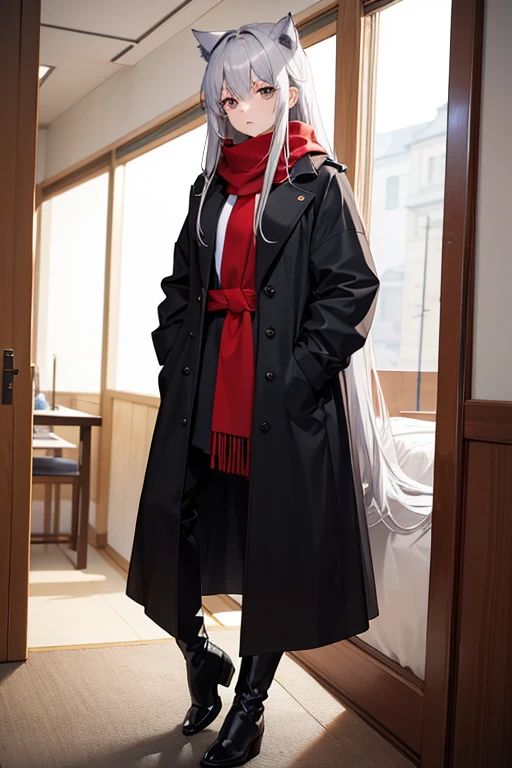 masterpiece, Highest quality, High resolution，Follow the on-screen instructions、Anime Style、Age17
height： 165cm
somatotype： Delicate and slender hair： Long silver hair。It&#39;s wavy、The ends of her hair are dyed a little purple.。
pupil： 深い青色のpupil。pupil孔は縦長で、Gives a cat-like impression。
clothing： Wearing a long black coat and long boots。A red scarf is wrapped around her neck.