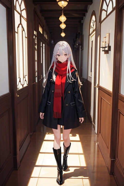 masterpiece, Highest quality, High resolution，Follow the on-screen instructions、Anime Style、Age17
height： 165cm
somatotype： Delicate and slender hair： Long silver hair。It&#39;s wavy、The ends of her hair are dyed a little purple.。
pupil： 深い青色のpupil。pupil孔は縦長で、Gives a cat-like impression。
clothing： Wearing a long black coat and long boots。A red scarf is wrapped around her neck.
