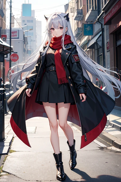 masterpiece, Highest quality, High resolution,Follow the on-screen instructions、Anime Style、Age17
height: 165cm
somatotype: Delicate and slender hair: Long silver hair。It's wavy、The ends of her hair are dyed a little purple.。
pupil: 深い青色のpupil。pupil孔は縦長で、Gives a cat-like impression。
clothing: Wearing a long black coat and long boots。A red scarf is wrapped around her neck.